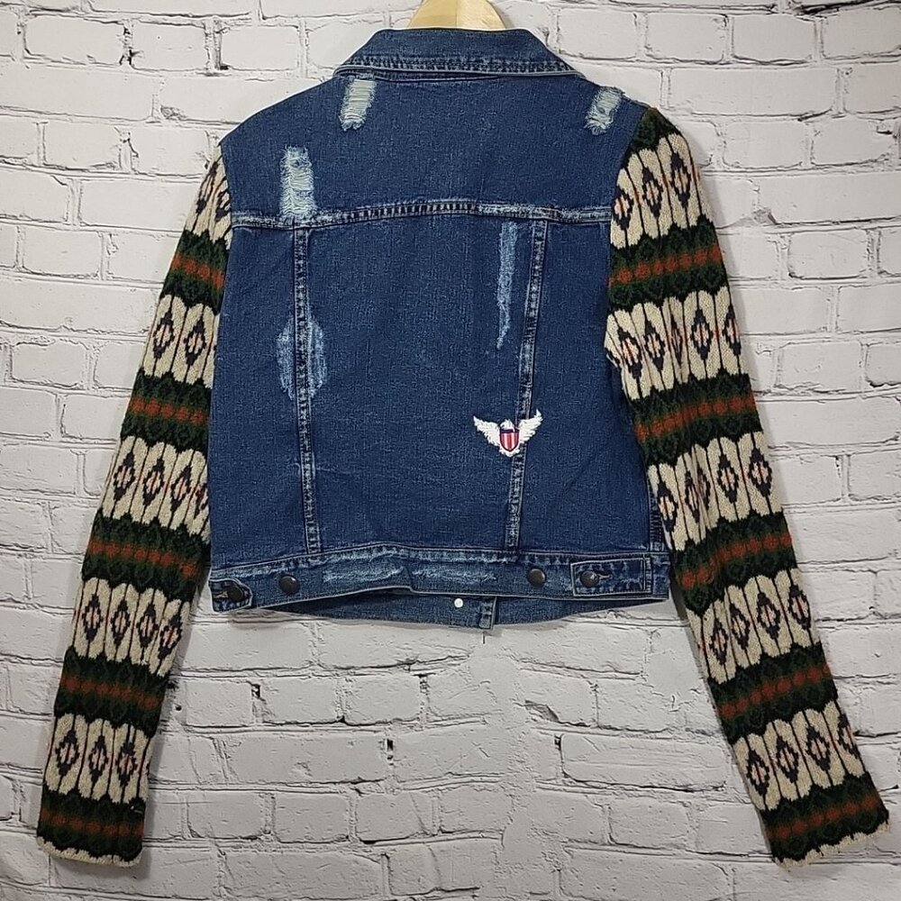 Free People Jean Jacket Boho Sweater Sleeves Distressed Womens Size M - Picture 6 of 10
